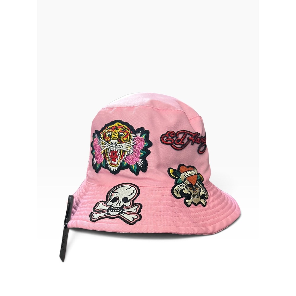 Ed Hardy Pink Bucket Hat Y2K Graphic Tattoo Patch Tiger Skull OS